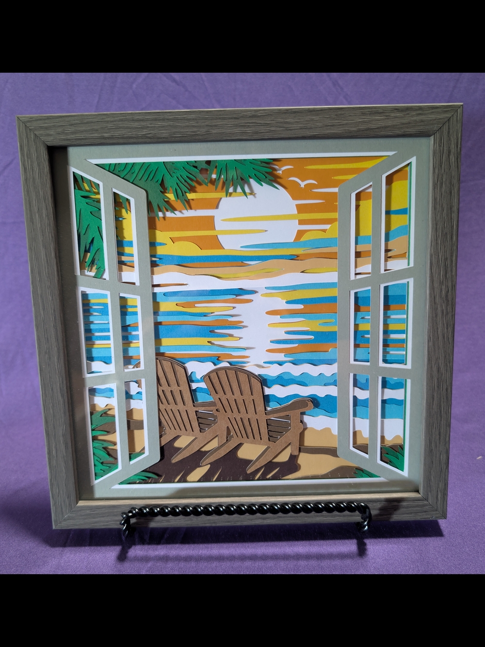 Hand Crafted Beach Window Layered Art - Blue, Yellow, Brown, Green